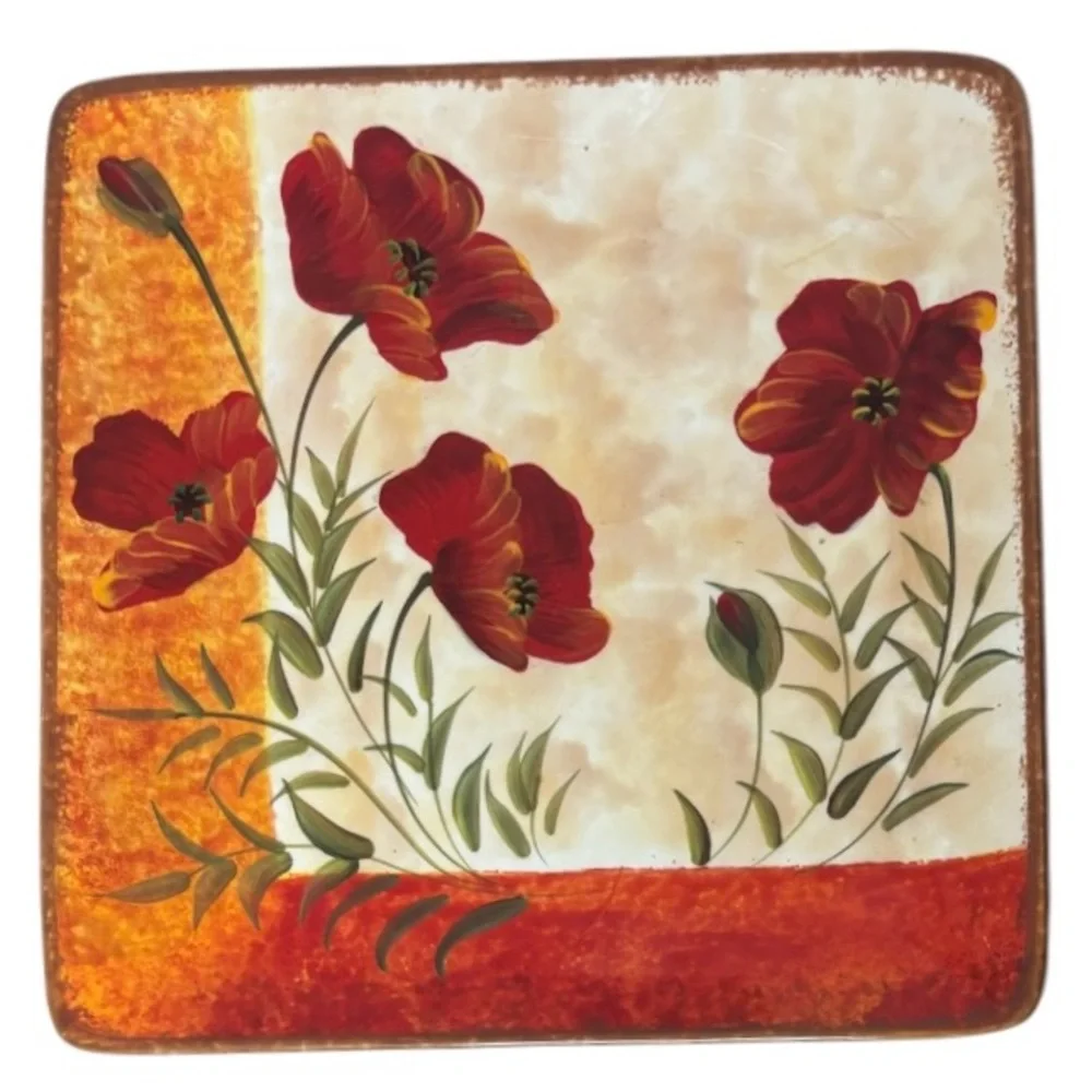 Pier 1 Poppies Plates Set Hand Painted Earthenware 3 Pc Set Red Yellow Cream Tan